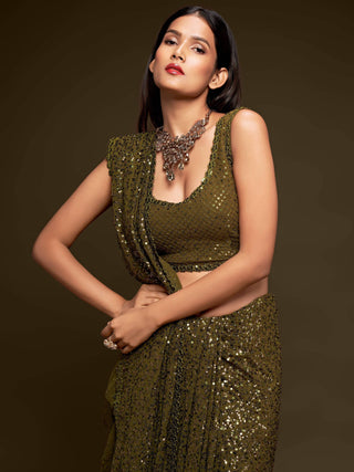 Olive Green Georgette Sequined Saree - Ria Fashions