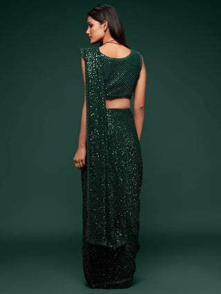 Dark Green Georgette Sequined Saree - Ria Fashions