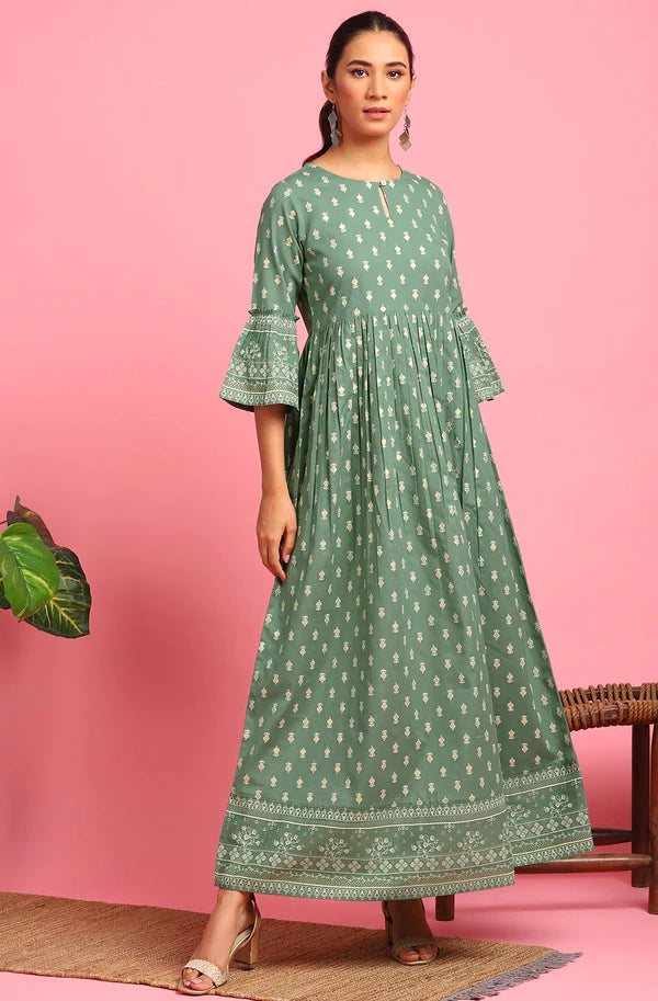 Cotton Green Floral Print Dress - Ria Fashions