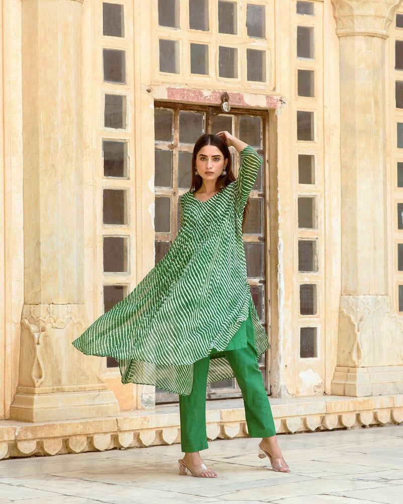 Green Leheriya Print Kurta Pant Set with Dupatta - Ria Fashions