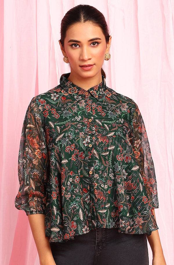 Green Poly Georgette Floral Print Top - Ria Fashions