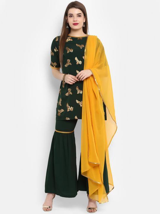 Green Gold Print Sharara Suit Set with Dupatta - Ria Fashions