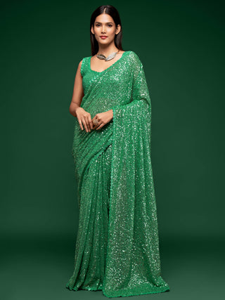 Green Georgette Sequinned Saree with Unstitched Blouse