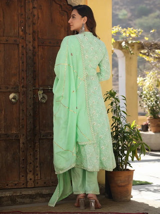 Green & Beige Cotton Printed & Embroidered Anarkali Set with Organza Dupatta