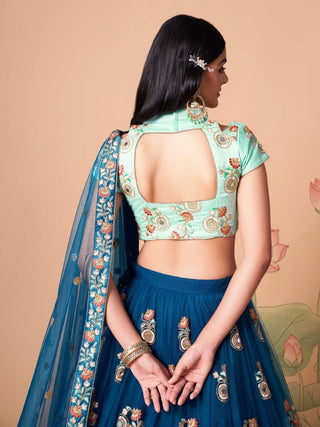 Green & Blue Silk Embroidered Lehenga Choli Set with Net Dupatta