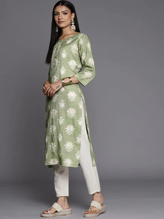 Green & Cream Cotton Silk Ethnic Motif Print Straight Cut Kurta