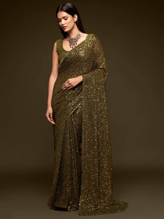 Olive Green Georgette Sequined Saree - Ria Fashions