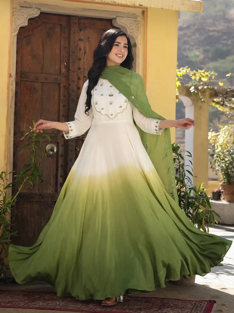 Green White & Ombre Viscose Muslin Embroidered Gown with Organza Dupatta