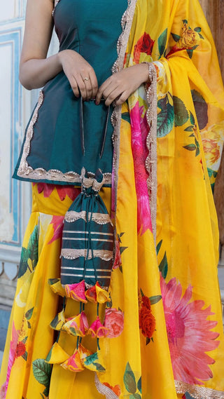 Green & Yellow Printed & Lace Detailing Taffeta Kurta with Organza Sharara & Dupatta