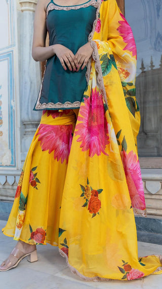 Green & Yellow Printed & Lace Detailing Taffeta Kurta with Organza Sharara & Dupatta