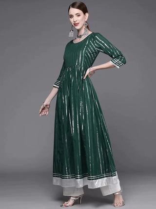 Green Cotton Blend Woven Design Anarkali Kurta