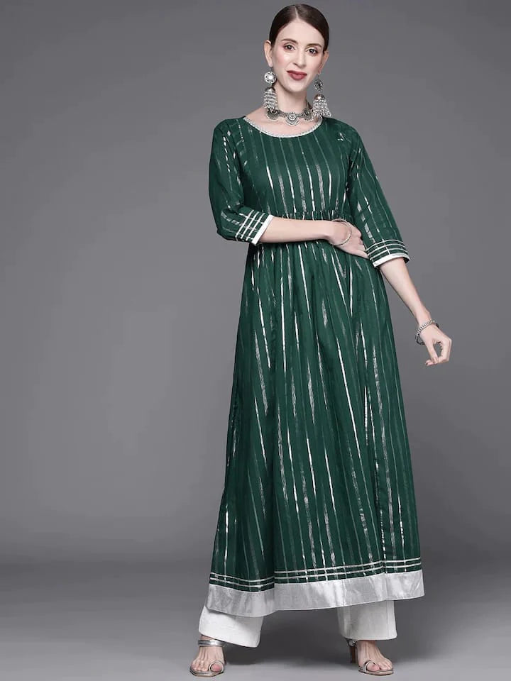 Green Cotton Blend Woven Design Anarkali Kurta