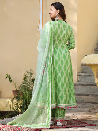 Green & White Cotton Printed & Embroidered Anarkali Suit Set with Organza Dupatta