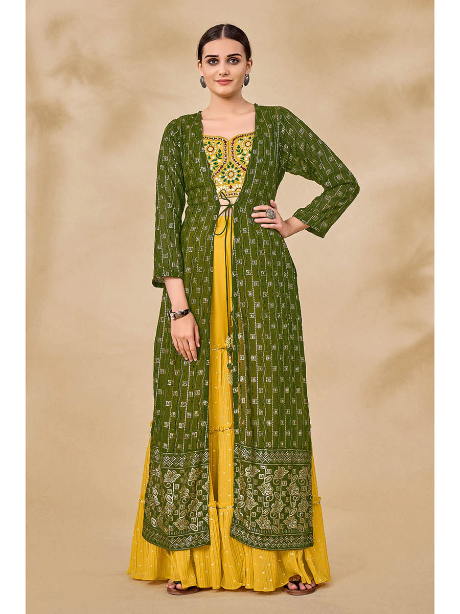 Green & Yellow Georgette Gold Embroidered Jacket Style Sharara Set