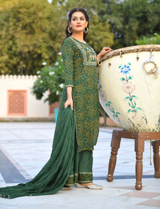 Cotton Green Bandhani Print Sharara Set with Dupatta
