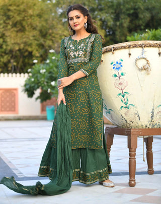 Cotton Green Bandhani Print Sharara Set with Dupatta