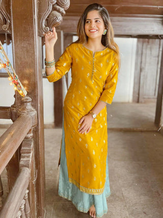 Poly Silk Green-Yellow Foil Print Double Layered Dress - Ria Fashions