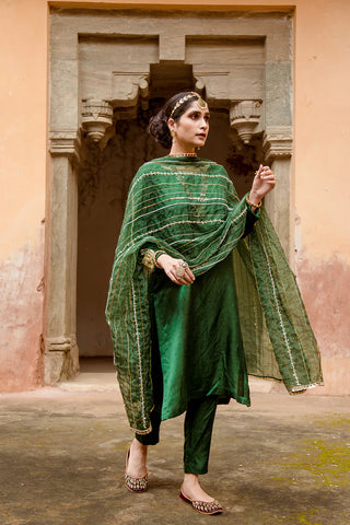 Green Satin Motif Embellished Suit Set with Organza Dupatta