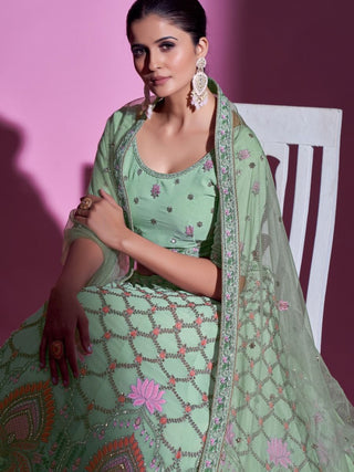 Green Gota Silk Embroidered Lehenga Choli Set with Net Dupatta