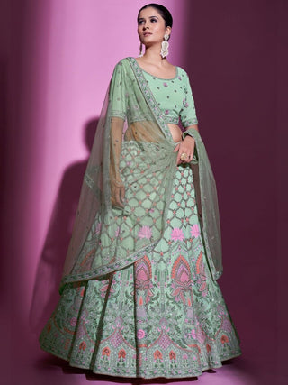 Green Gota Silk Embroidered Lehenga Choli Set with Net Dupatta