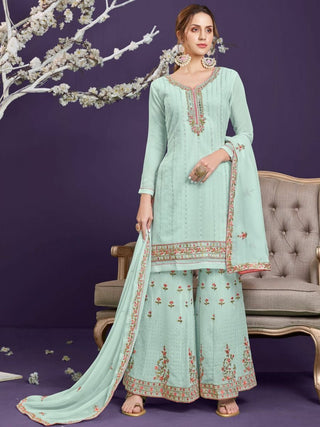 Green Georgette Thread & Sequins Embroidered Sharara Set with Dupatta