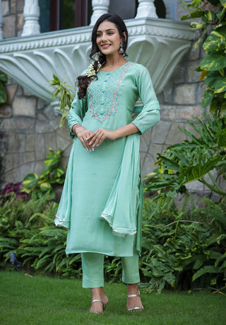 Green Silk Zari & Thread Embroiderd Suit Set with Dupatta