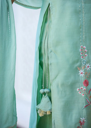 Green Modal Silk Embroidered Suit Set with Dupatta