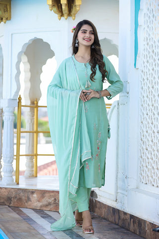 Green Modal Silk Embroidered Suit Set with Dupatta