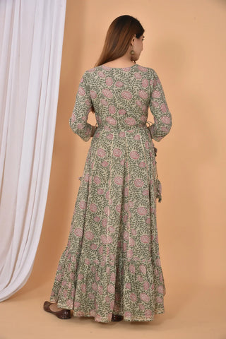 Cotton Grey-Green Printed & Embroidered Ethnic Gown