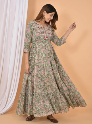 Cotton Grey-Green Printed & Embroidered Ethnic Gown