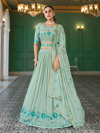 Pista Green Georgette Floral Embroidered Lehenga Choli Set with Dupatta