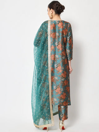 Silk Rust Green Floral Print Suit Set with Organza Dupatta