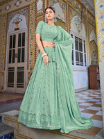 Pista Green Georgette Embroidered Lehenga Choli Set with Dupatta