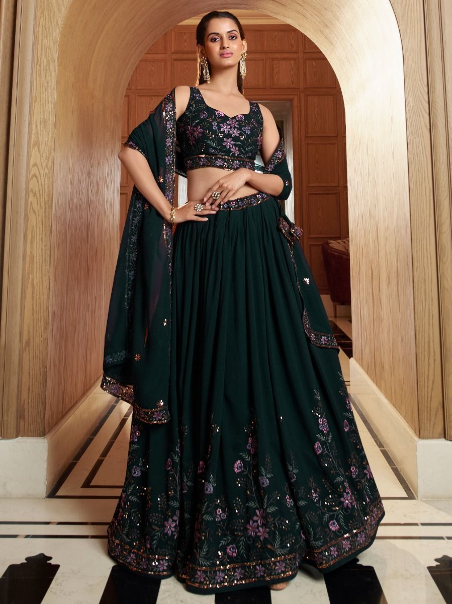 Green Georgette Sequins & Floral Embroidered Lehenga Choli Set with Dupatta