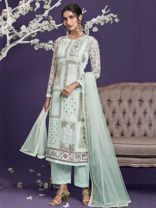Green Georgette with Thread Embroidered, Zari & Sequins Detailing Suit Set with Dupatta