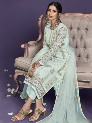 Green Georgette with Thread Embroidered, Zari & Sequins Detailing Suit Set with Dupatta