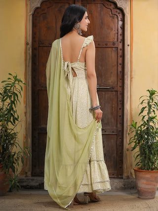 Green & White Cotton Printed Gown Dupatta Set
