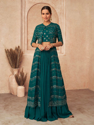 Rama Green Georgette Embroidered Jacket Style Anarkali Set with Net Dupatta