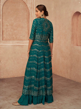 Rama Green Georgette Embroidered Jacket Style Anarkali Set with Net Dupatta