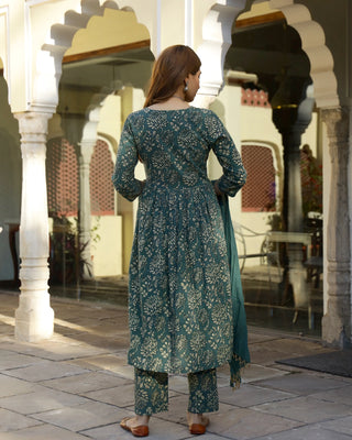 Cotton Green Printed Kurta Pant Set with Mulmul Dupatta - Ria Fashions