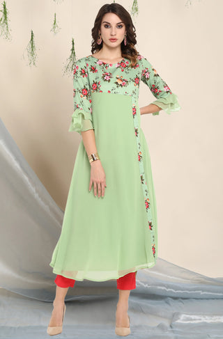 Green Poly Crepe Layered Floral Print Kurta