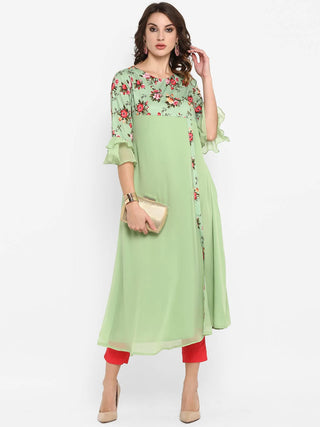 Green Poly Crepe Layered Floral Print Kurta