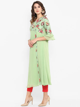 Green Poly Crepe Layered Floral Print Kurta