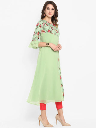 Green Poly Crepe Layered Floral Print Kurta