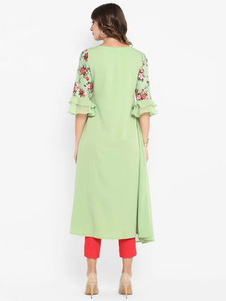 Green Poly Crepe Layered Floral Print Kurta