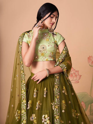 Green Silk Embroidered Lehenga Choli Set with Net Dupatta