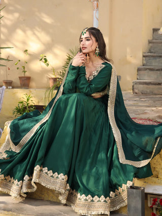 Solid Green Cotton Lace Detailing Lehenga Set with Chiffon Dupatta