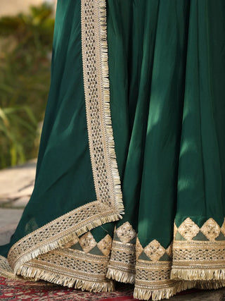 Solid Green Cotton Lace Detailing Lehenga Set with Chiffon Dupatta