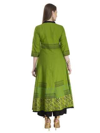 Green-Golden Block Print Anarkali Style Kurta - Ria Fashions