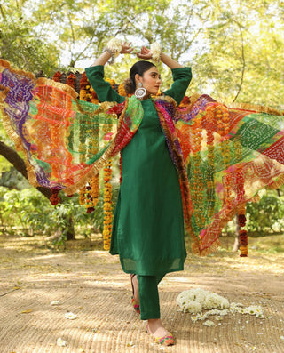 Solid Green Cotton-Silk Straight Cut Kurta Palazzo Pant with Leheriya Dupatta - Ria Fashions